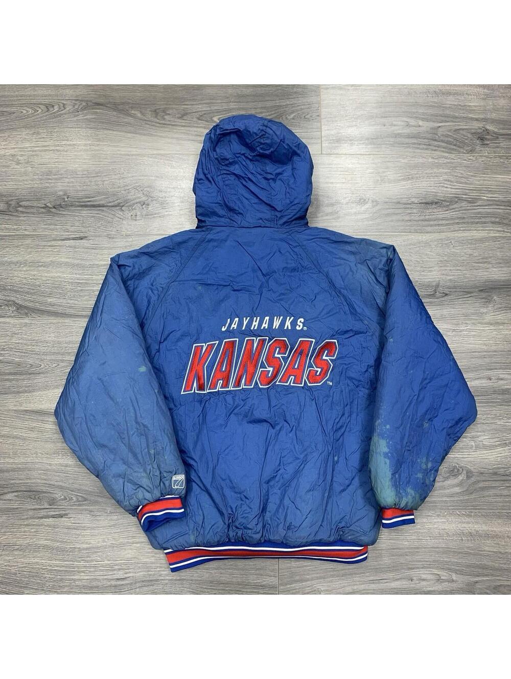 Vintage 90S University Of Kansas Jayhawks Puffer Jacket Large RARE MENS BLUE